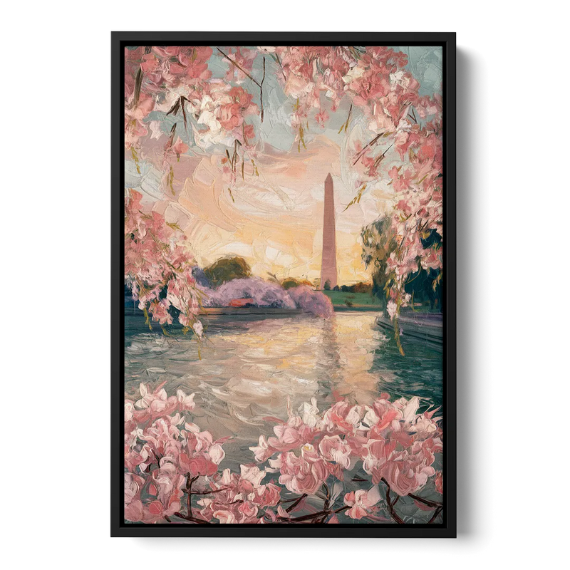 Washington DC Cherry Blossoms Front - Black Canvas Wall Art