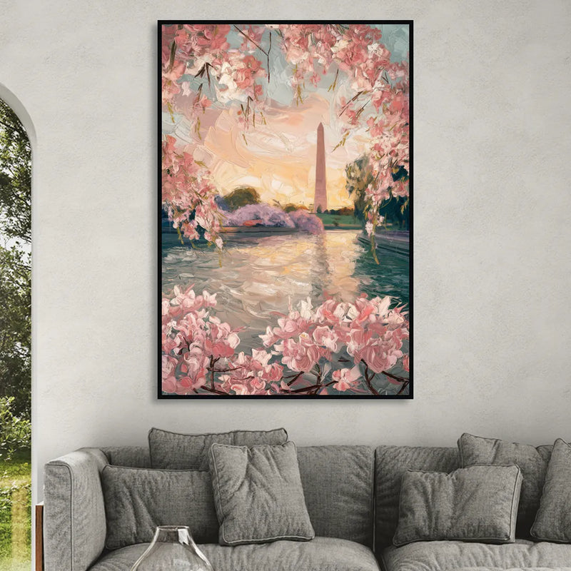 Washington DC Cherry Blossoms Living Room - Black Canvas Wall Art