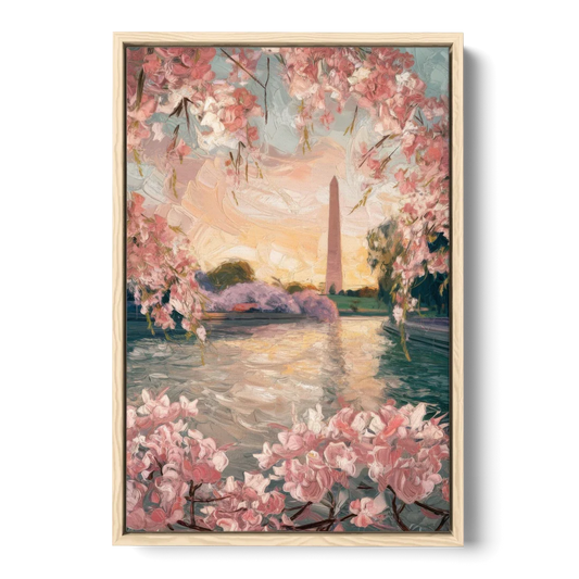 Washington DC Cherry Blossoms - Oak Framed Canvas Wall Art - Front