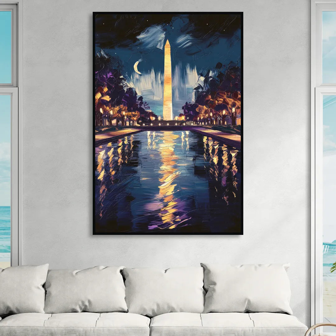 Washington DC Night Lights Living Room - Black Canvas Wall Art