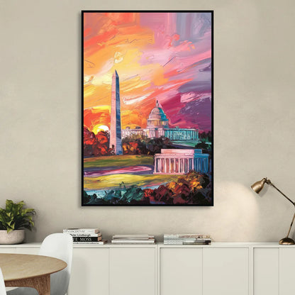 Washington DC Skyline Sunset Living Room - Black Canvas Wall Art
