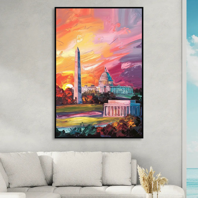 Washington DC Skyline Sunset Sitting Room - Black Canvas Wall Art