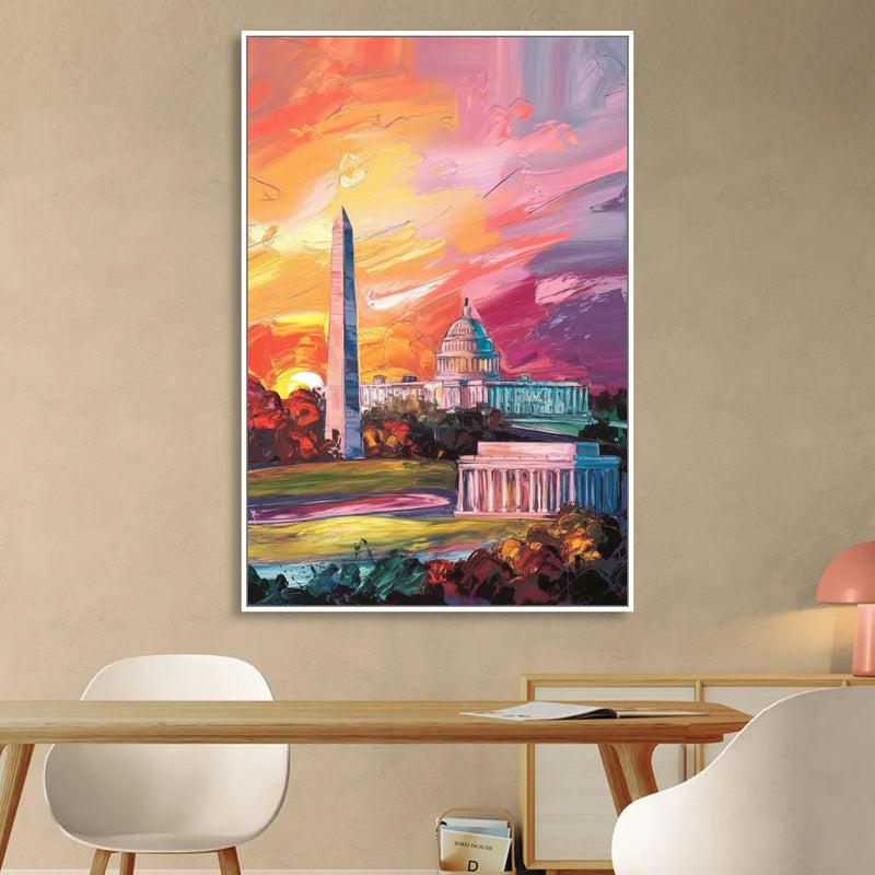 Washington DC Skyline Sunset Sitting Room - White Canvas Wall Art