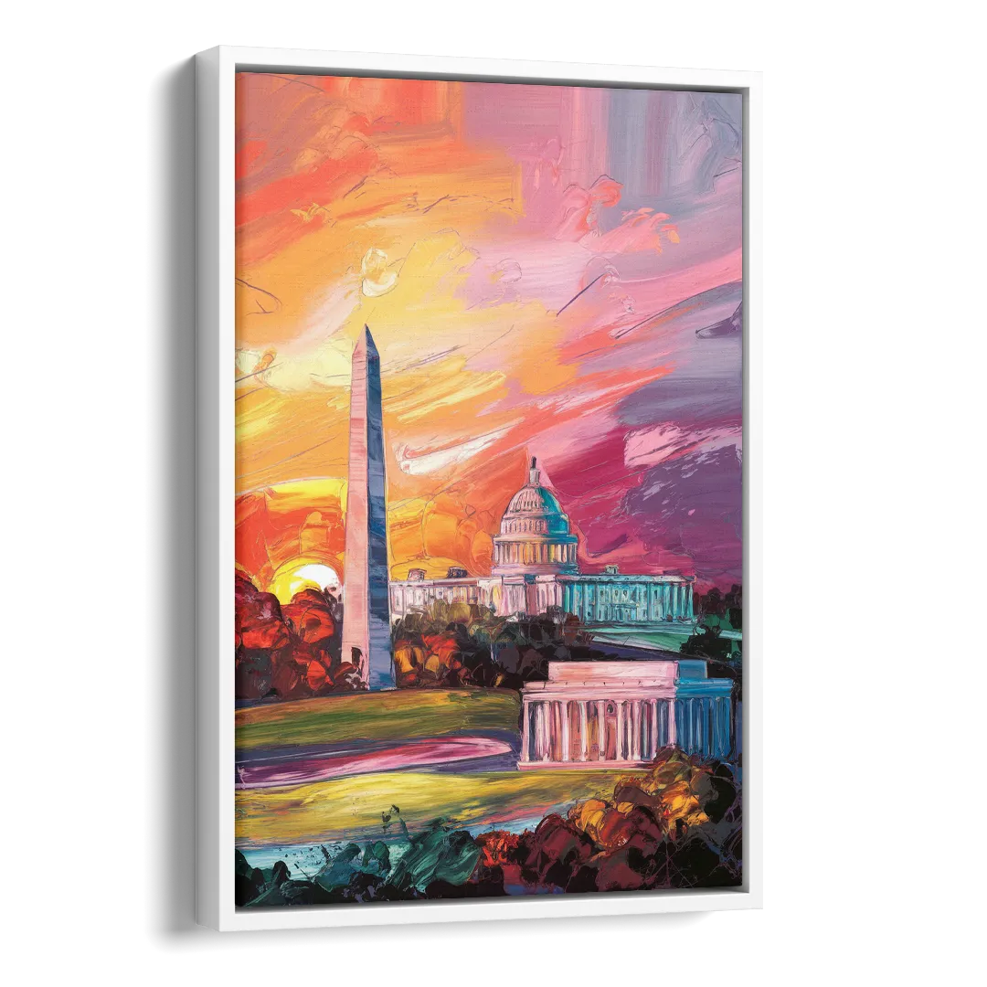 Washington DC Skyline Sunset Side - White Canvas Wall Art