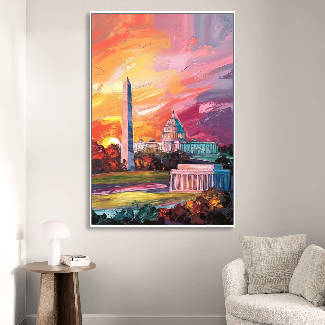 Washington DC Skyline Sunset Living Room - White Canvas Wall Art