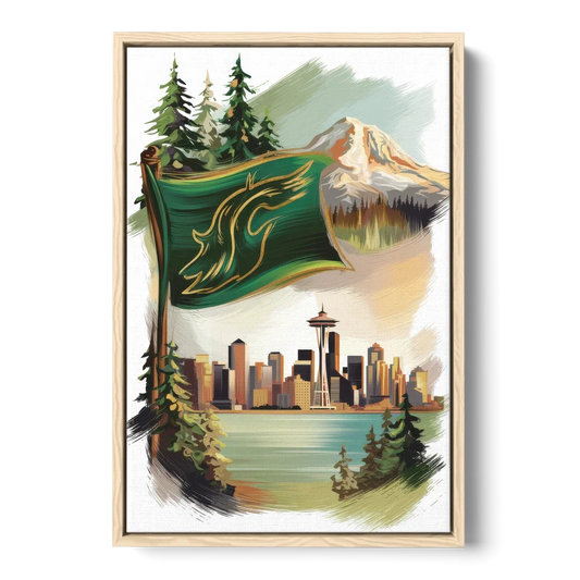 Washington Flags and Symbols - Oak Framed Canvas Wall Art - Front