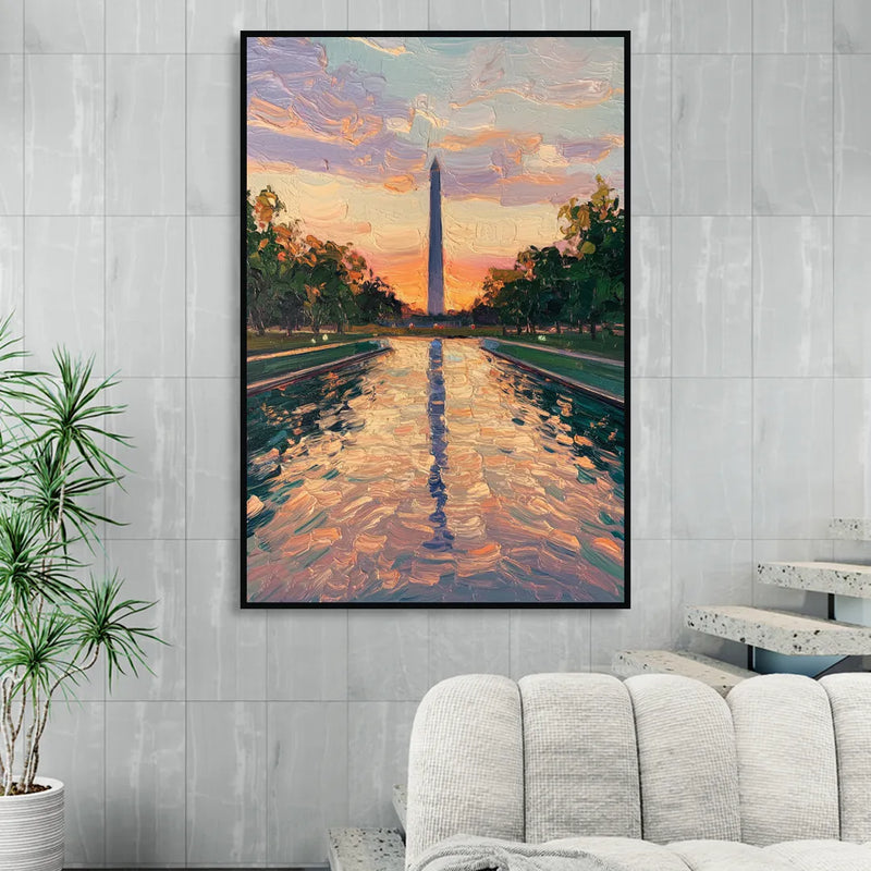 Washington Monument Reflection Sitting Room - Black Canvas Wall Art