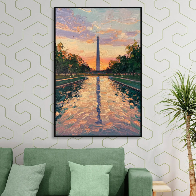 Washington Monument Reflection Living Room - Black Canvas Wall Art