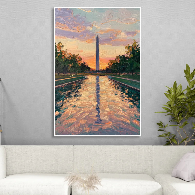 Washington Monument Reflection Sitting Room - White Canvas Wall Art