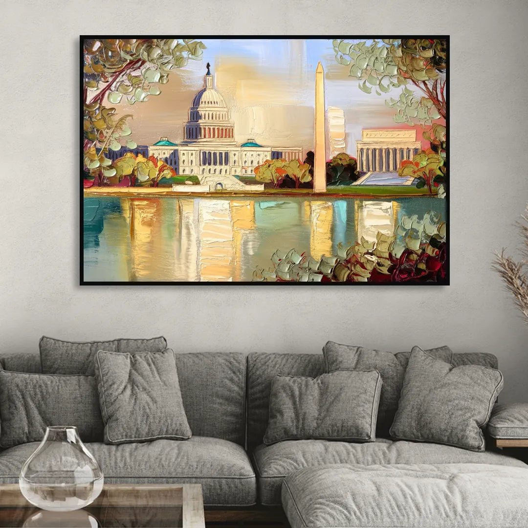 Washington Sunny Cityscapes Sitting Room - Black Canvas Wall Art