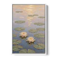 Water Lilies at Golden Hour for the Spa Bathroom - White Framed Canvas Wall Art - Front
