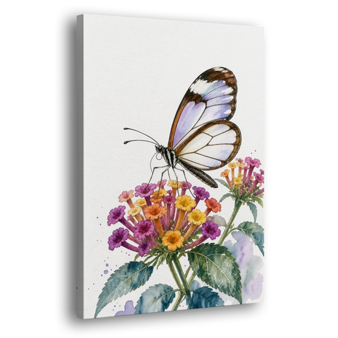 Watercolor Butterfly Painting of a Glasswing on Lantana - Canvas Wall Art - Side