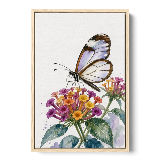 Watercolor Butterfly Painting of a Glasswing on Lantana - Oak Framed Canvas Wall Art - Front
