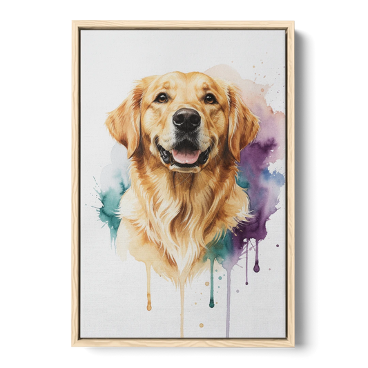 Watercolor Golden Retriever Portrait - Oak Framed Canvas Wall Art - Front