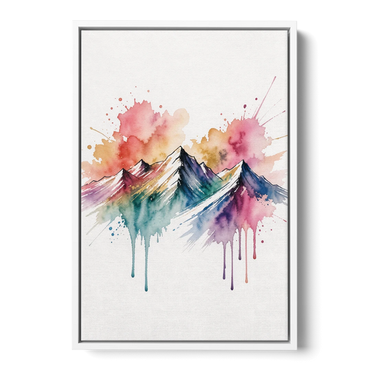 Watercolor Mountain in Sunset Bloom for the Living Room - White Framed Canvas Wall Art - Front