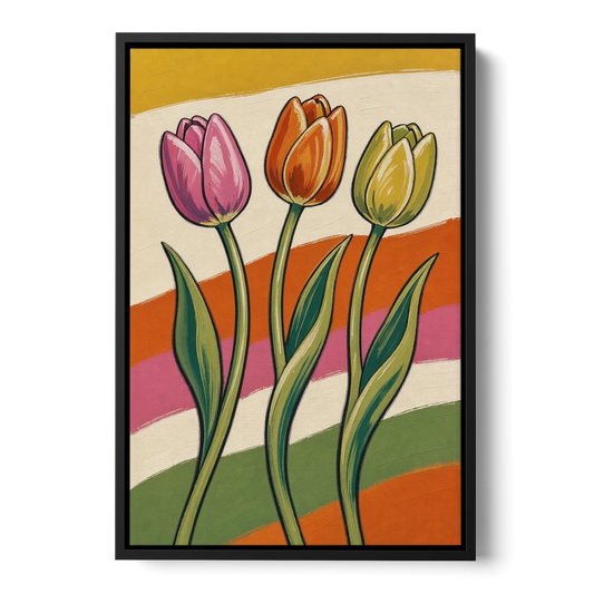 Wavy Retro Dancing Tulip Trio - Black Framed Canvas Wall Art - Front