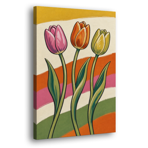 Wavy Retro Dancing Tulip Trio - Canvas Wall Art - Side