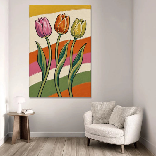 Wavy Retro Dancing Tulip Trio - Canvas Wall Art - Sofa - 40x60