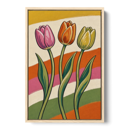 Wavy Retro Dancing Tulip Trio - Oak Framed Canvas Wall Art - Front
