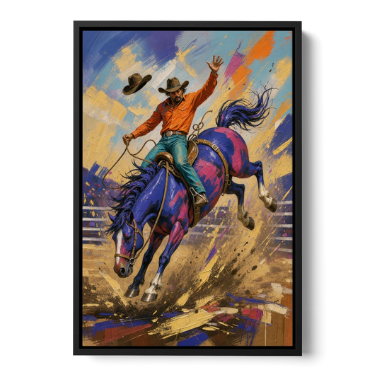Western Art Prints of a Bronc Rider Thrown High - Black Framed Canvas Wall Art - Front