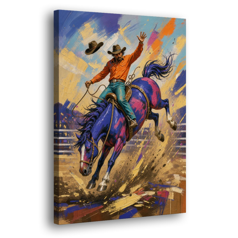 Western Art Prints of a Bronc Rider Thrown High - Canvas Wall Art - Side