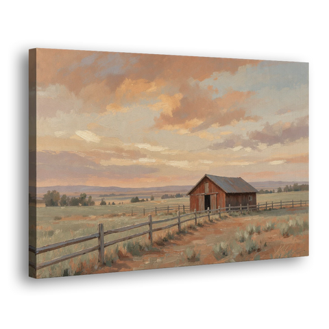 Western Landscape Painting with Lone Red Barn - Canvas Wall Art - Side
