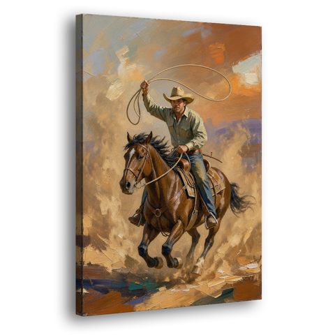 Western Oil Painting of a Lasso at Full Gallop - Canvas Wall Art - Side