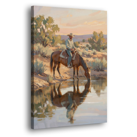 Western Wall Art for Bedroom Rider at the Creek - Canvas Wall Art - Side