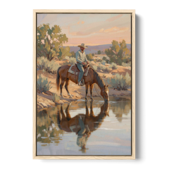 Western Wall Art for Bedroom Rider at the Creek - Oak Framed Canvas Wall Art - Front