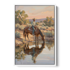 Western Wall Art for Bedroom Rider at the Creek - White Framed Canvas Wall Art - Front