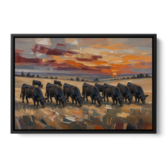 Western Wall Art of Angus Grazing at Sundown - Black Framed Canvas Wall Art - Front
