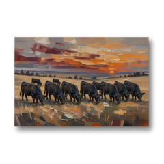 Western Wall Art of Angus Grazing at Sundown - Canvas Wall Art - Front