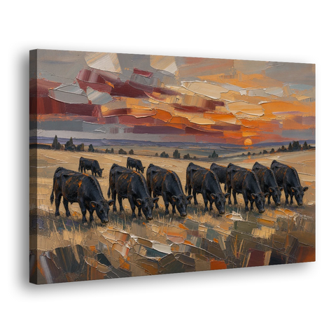 Western Wall Art of Angus Grazing at Sundown - Canvas Wall Art - Side