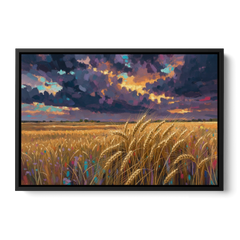 Wheat Field Painting Under a Gathering Storm - Black Framed Canvas Wall Art - Front