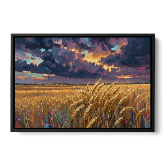 Wheat Field Painting Under a Gathering Storm - Black Framed Canvas Wall Art - Front