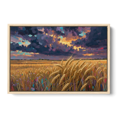 Wheat Field Painting Under a Gathering Storm - Oak Framed Canvas Wall Art - Front
