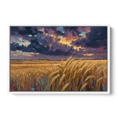 Wheat Field Painting Under a Gathering Storm - White Framed Canvas Wall Art - Front