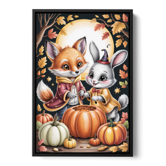 Whimsical Animals in Cute Halloween - Black Framed Canvas Wall Art - Front