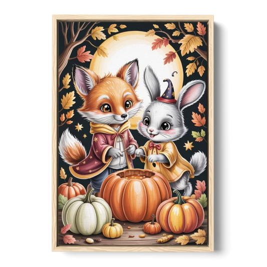 Whimsical Animals in Cute Halloween - Oak Framed Canvas Wall Art - Front