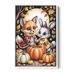 Whimsical Animals in Cute Halloween - White Framed Canvas Wall Art - Front