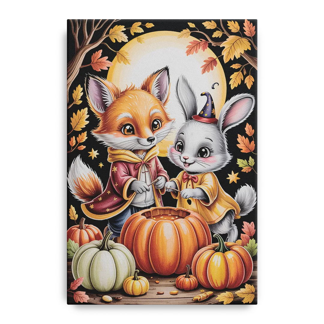 Whimsical Animals in Cute Halloween Front - Canvas Wall Art