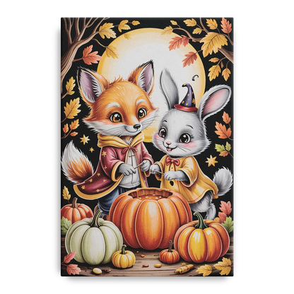 Whimsical Animals in Cute Halloween Front - Canvas Wall Art