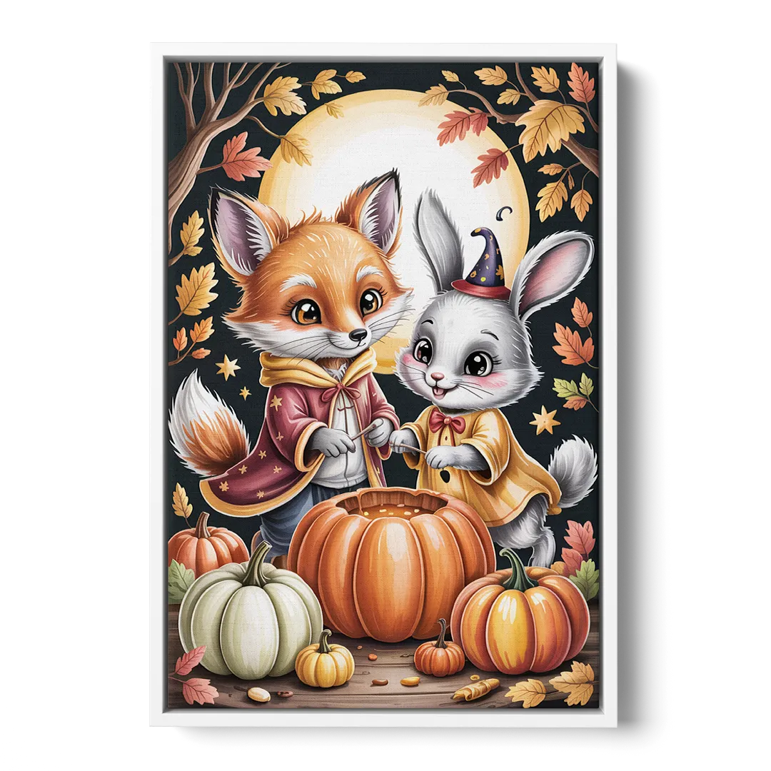 Whimsical Animals in Cute Halloween Front - White Canvas Wall Art
