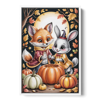 Whimsical Animals in Cute Halloween Front - White Canvas Wall Art