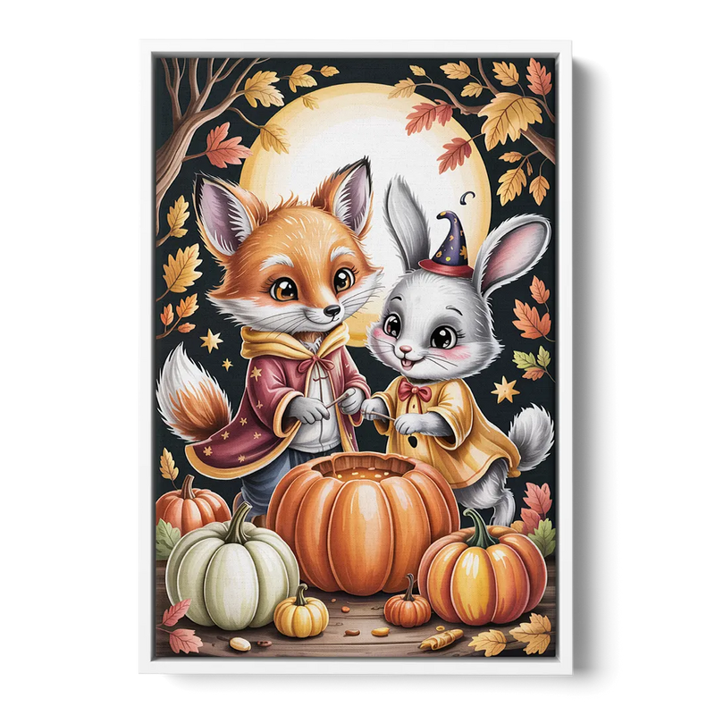 Whimsical Animals in Cute Halloween Front - White Canvas Wall Art
