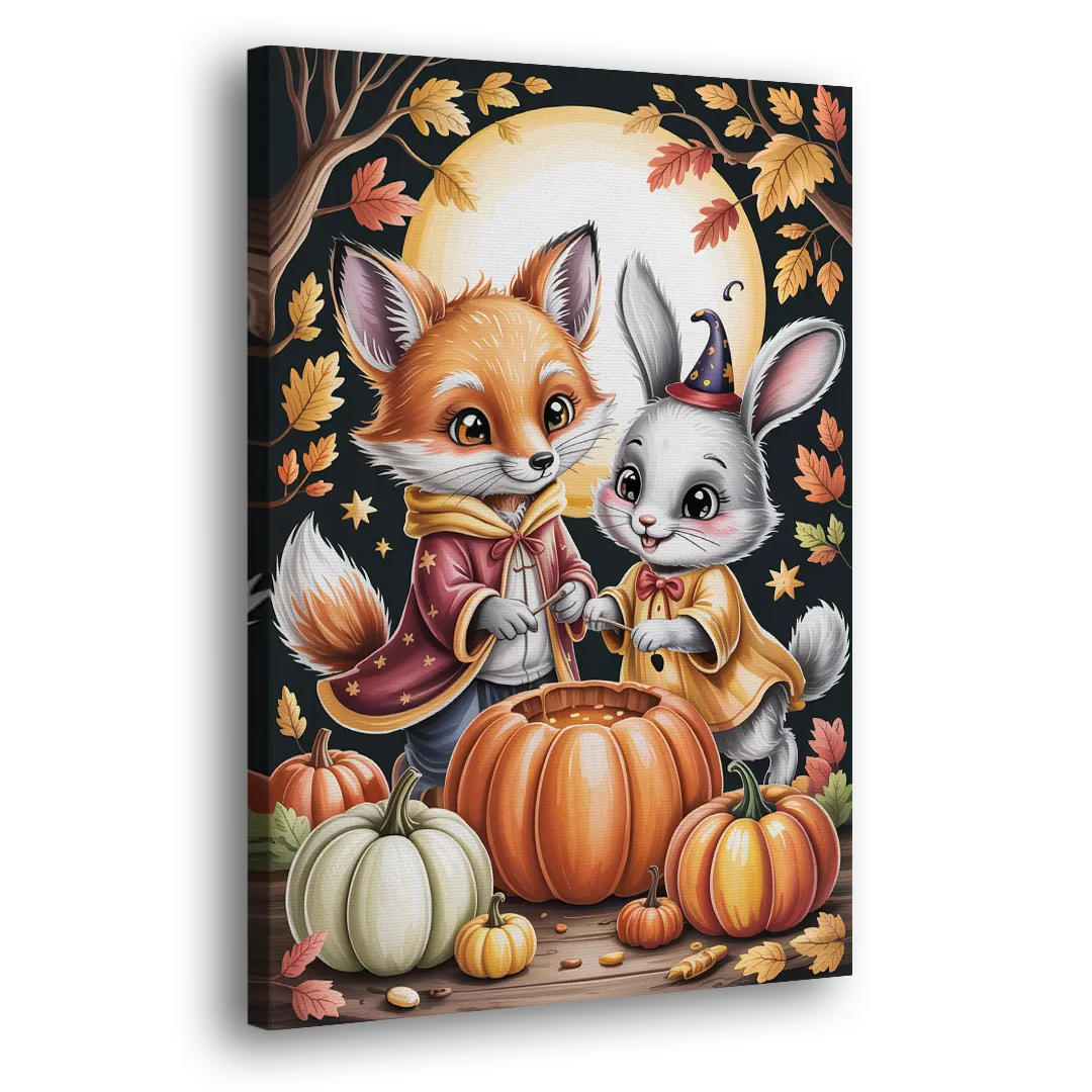 Whimsical Animals in Cute Halloween Side - Canvas Wall Art