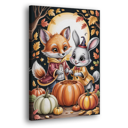 Whimsical Animals in Cute Halloween Side - Canvas Wall Art