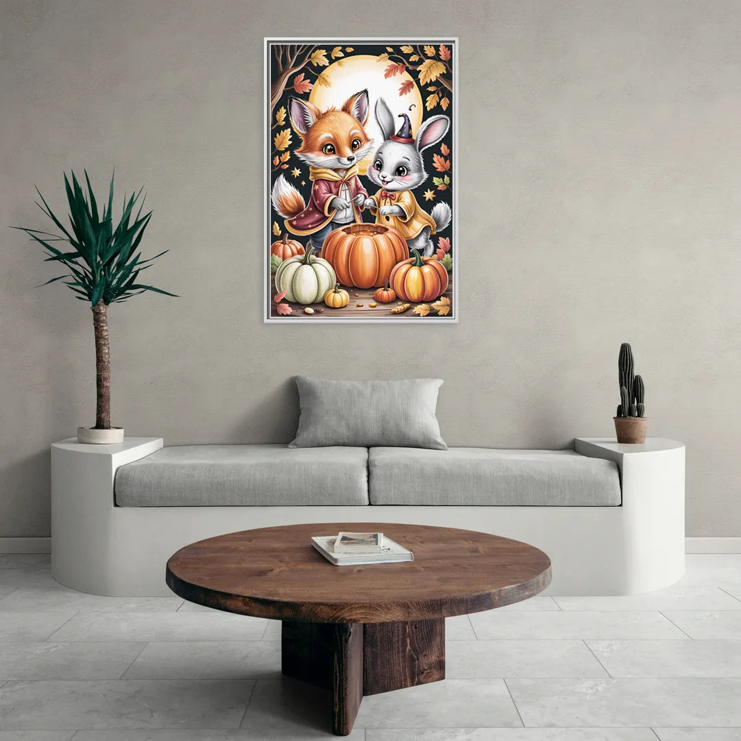 Whimsical Animals in Cute Halloween - Living Room White Frame Canvas
