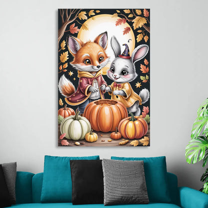 Whimsical Animals in Cute Halloween Living Room - Canvas Wall Art