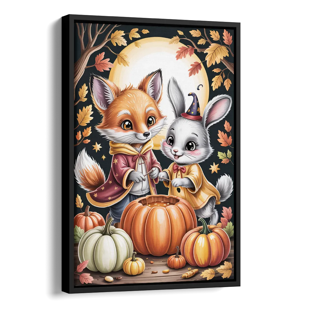 Whimsical Animals in Cute Halloween Side - Black Canvas Wall Art